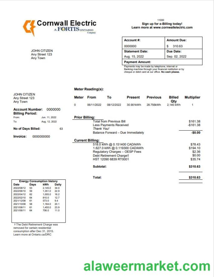 USA Cornwall Electric utility bill template in Word and PDF format